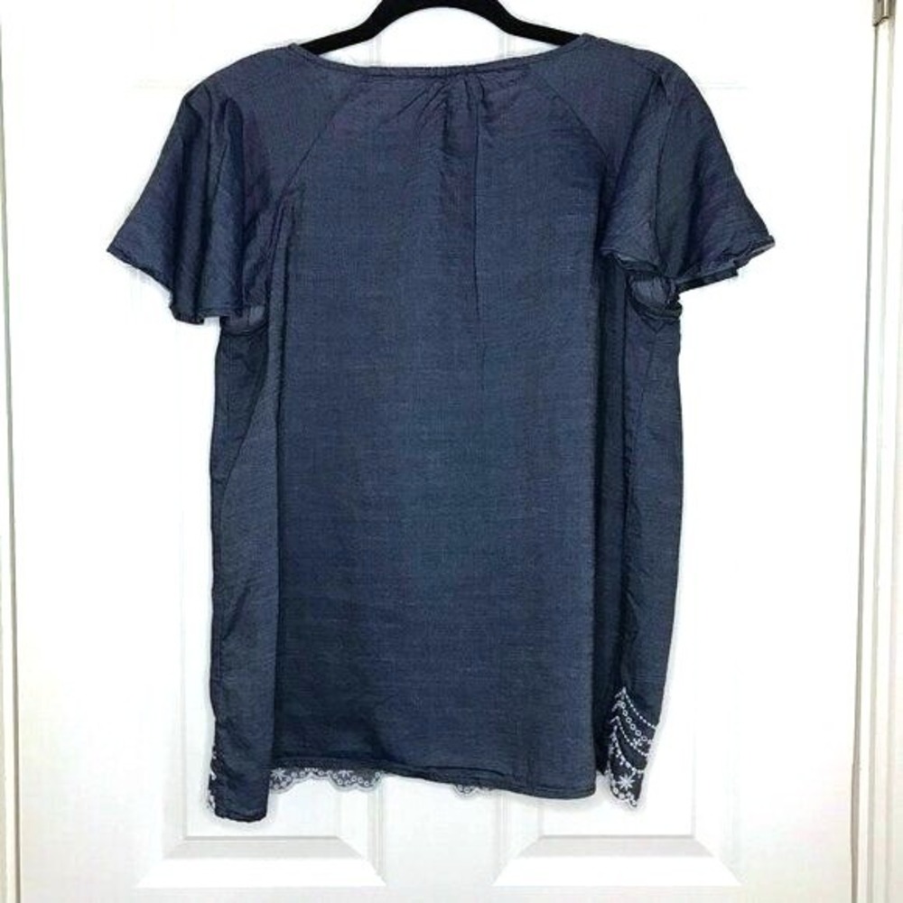 ELLE Lyocell Top Womens Size‎ M Medium Blue Tencel Embroidered Scallop Lace Hem - Picture 3 of 7
